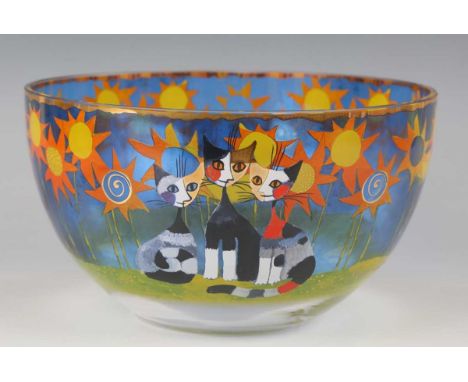 A Goebel circular glass bowl, designed by Rosina Wachtmeister, decorated with cats amidst stylized sunflowers, black printed 