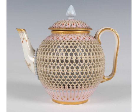 A fine Royal Worcester reticulated teapot and cover, in the manner of George Owen, dated 1876, the double-walled body pierced