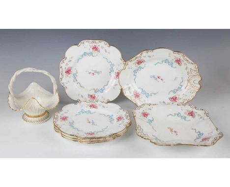A Royal Worcester ivory glazed basket, dated 1885, the basketweave moulded body with overhead handle and gilt highlights, gre
