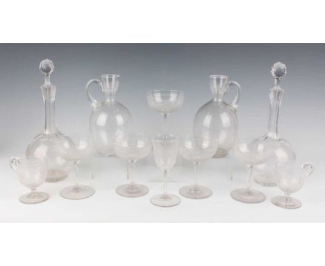 A small group of Richardson's Vermicular pattern glass, design first registered 1854, comprising a pair of decanters and stop