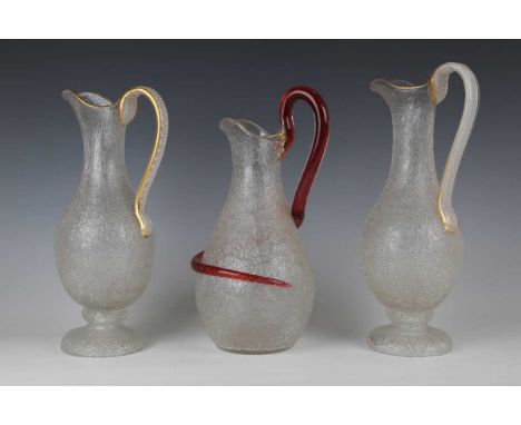 A craquelure ice glass jug with entwined red snake handle, Bohemian or French, circa 1850, with gilt details, height 32cm, to