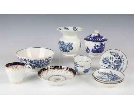 A Worcester porcelain Fence pattern underglaze blue printed circular bowl, hatched crescent mark in underglaze blue to base, 