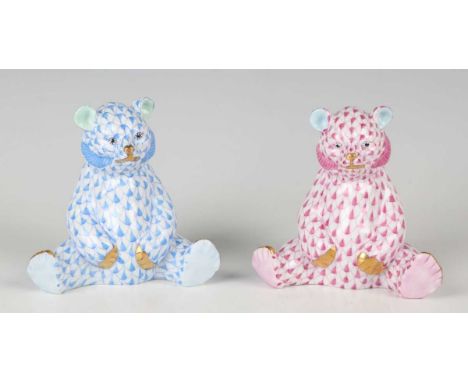 Two Herend models of bears, the first in pink fishnet, the second blue, blue printed, impressed and incised marks to bases, h