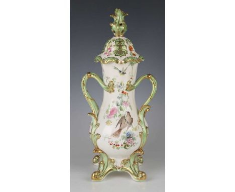 An English porcelain two-handled vase and cover, probably H. &amp; R. Daniel, circa 1830, the baluster body painted with bird