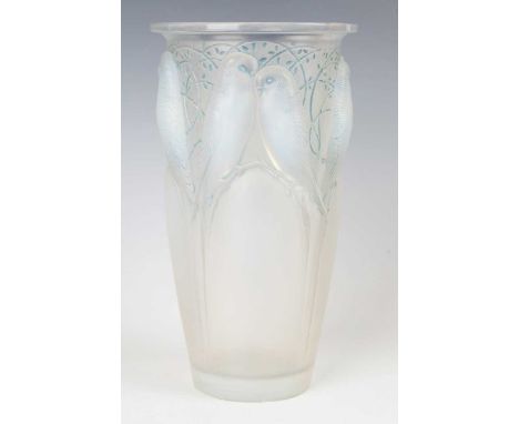 An Art Deco Lalique opalescent and blue stained Ceylan (Ceylon) pattern glass vase, designed 1924, wheel engraved mark 'R. LA