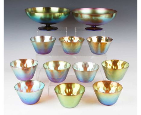 A set of ten WMF Myra-Kristall iridescent glass circular bowls, circa 1930, of gently flared from with a subtle diamond patte
