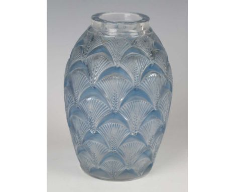 An Art Deco Lalique frosted and blue stained Herblay glass vase, designed 1932, acid etched mark 'R. LALIQUE FRANCE' to base,