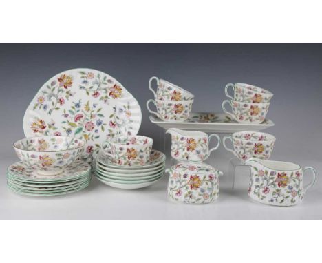 A small group of Minton Haddon Hall pattern wares, comprising cake plate, rectangular sandwich tray, length 29cm, six tea pla