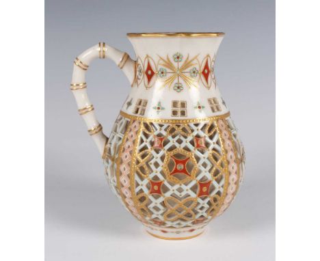 A Royal Worcester reticulated jug, dated 1875, the double-walled body pierced with an aesthetic trellis design heightened in 
