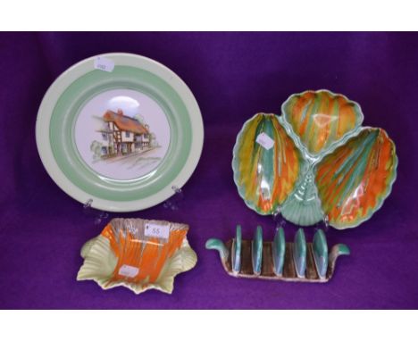 Four art deco ceramics by Shelley including toast rack and Eric W Slater painted plate.