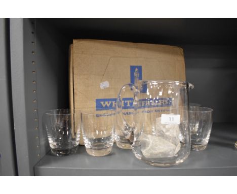 A vintage Whitefriars Hand made crystal water set comprising of jug and glasses with box.