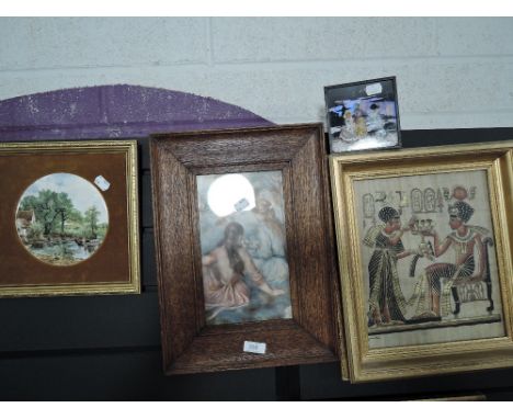 An Egyptian style print, an oak framed print and a ceramic wall tile