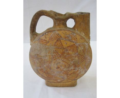 Egyptian pottery flask, disc-shaped, with pierced curved handle, geometric painted decoration circles of hatched triangles, o