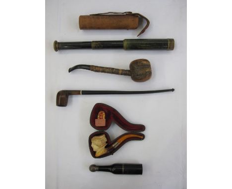 Small brass four-draw telescope with leather case, a Meerschaum silver and amber pipe in the form of Edwardian lady's head, c