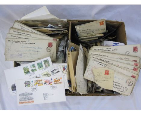 Box of many first day covers and stamps. Mostly GB interest including KE VII returned to sender mail