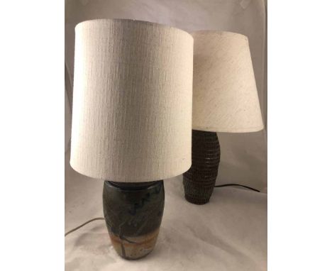 A studio pottery lamp in teal brown ombre with impressed fish decoration, approx 25.5cm H, together with another textured pot
