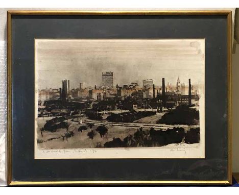 Harold Riley, DL, Dlitt, (hon) FRCS, DFA ATC (b.1934) embellished lithographic print titles 'Manchester from Salford 1972' lo