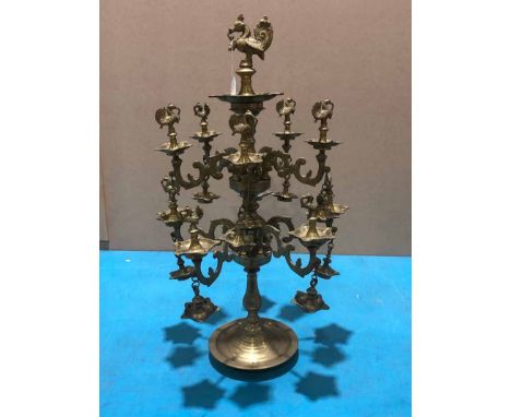 An Indian Kerala three tier, ten branch oil lamp in brass, 79cm height