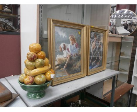 2 gilt framed prints and ceramic fruit bowl