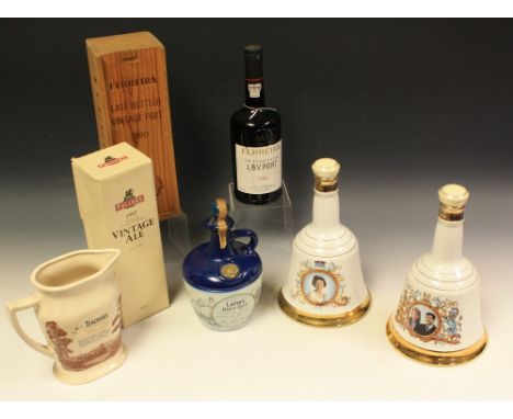 Alcohol - a Late Bottle Vintage Frerreira Port, 1980, boxed; two bottles Bells Whisky, in bell shaped commemorative decanters