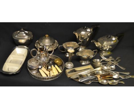 Silver Plate - an Art Deco four piece tea service, tea caddy, flatware, etc 
