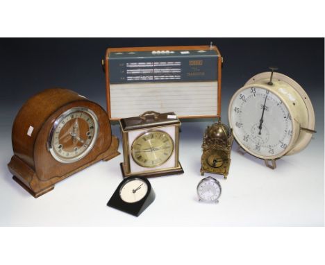 A mid 20th century Smiths timer, subsidiary minutes dial; an oak cased chiming mantel clock; a 20th century miniature lantern