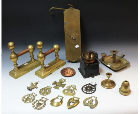 Metalware - a brass Salter spring balance number 60T maximum weight 20lb; a pair brass fire dogs; a coffee grinder; horse bra