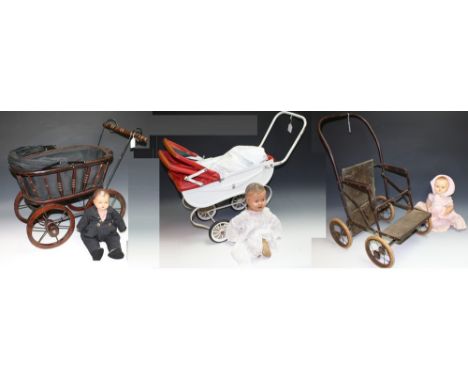 Dolls and Dolls Prams - a composite boy doll, painted blue eyes and features, moulded hair, closed mouth, red and white strip