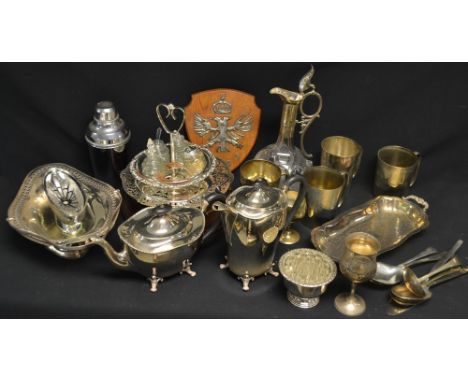 Silver Plate- a cocktail shaker; a tea service; oak armorial shield; etc, qty