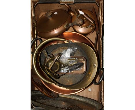 Metalware - a brass coal scuttle; an Art Nouveau warming fondue pan and stand; a brass tray; a copper kettle; copper pans; do