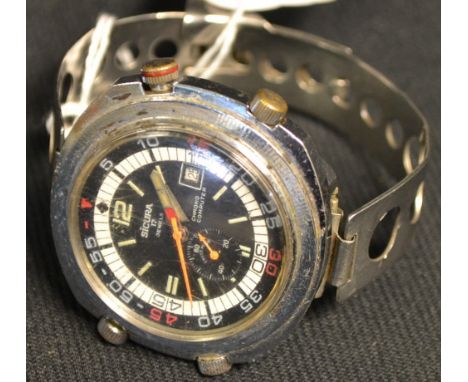 A retro 1970's Sicura Chrono Computer stainless steel gentleman's wristwatch, with two internal rotating bezels, orange centr
