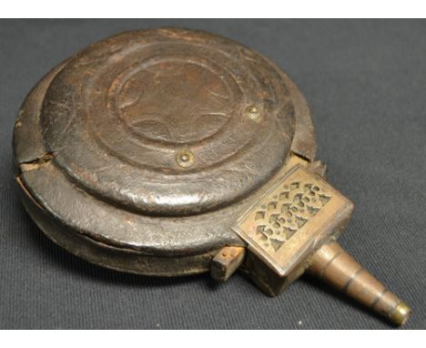 A Middle Eastern/North African leather moon shaped powder flask, pierced steel mount, 21.5cm long, 19th century