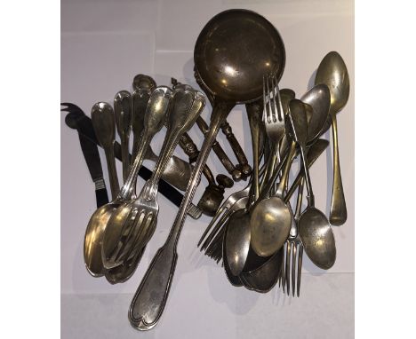 A collection of French silver and silver plated cutlery to include a French silver ladle, 800g total gross silver and nutcrac