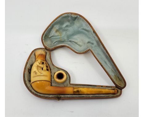 An Austrian Erotic Meerschaum pipe, late 19th century, modelled as a watchman with lantern peering through a window, the revo