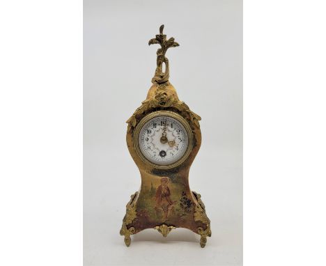 A small early 20th century French ormolu mounted hand painted wooden mantle clock, 8 day movement, having white enamel Arabic