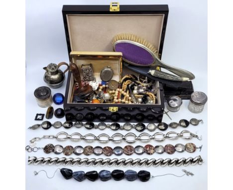 A collection of vintage costume jewellery, to include necklaces, together with other items including silver topped vanity jar