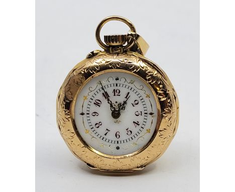 A precious yellow metal and diamond set fob watch, crown wind, having white enamel dial with red Arabic numeral chapter ring 