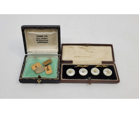 A pair of 9ct. gold cufflinks, engine turned to one side, chain fitting (4.8g), together with a set of four mother of pearl b