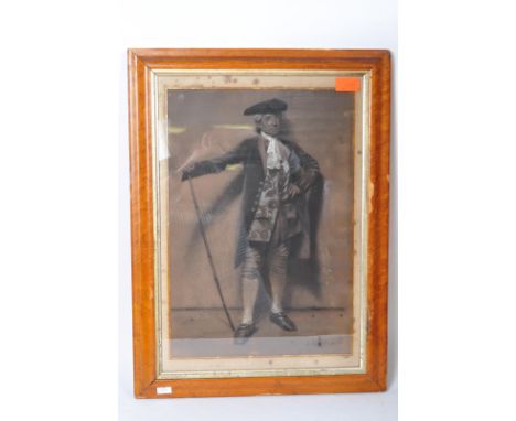 A 19th century Victorian chalk and charcoal portrait painting to depict a coachman standing in contrapposto holding staff. Si