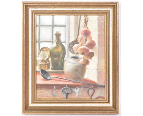 May Palmer - Painting, oil on board. Still life painting of a kitchen with items such as onions, vase, oil lamp and utensils.