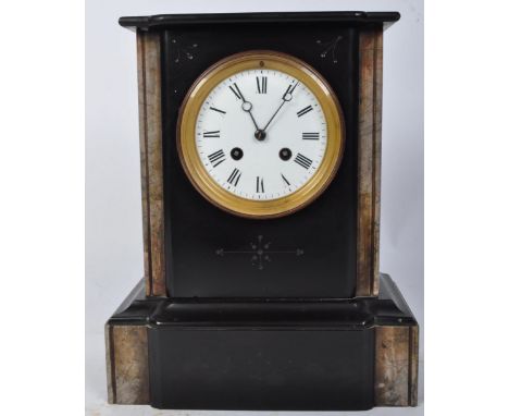 A 20th century slate mantel clock of architectural form having roman numeral to the chapter ring with bevelled glass panel an