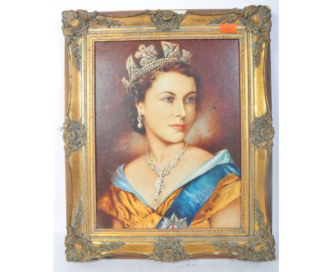 Queen Elizabeth II - A 20th century oil on board portrait of Queen Elizabeth II wearing crown and sash with British Orders &a