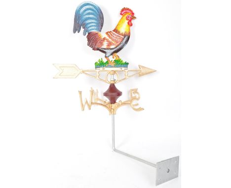 A vintage style cast iron polychrome weather vane having cockerel to the directional arrow with gilt points of the compass be