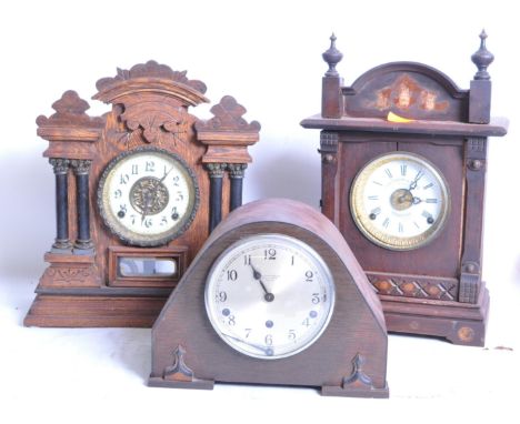 A collection of three early 20th century mantel clocks comprising of a Kemp Bros mantel clock, a Fattorini &amp; Sons mantel 