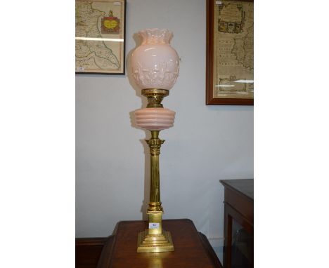 Victorian Brass Pedestal Oil Lamp with Pink Glass Reservoir and Shade