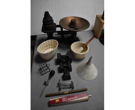 Vintage Kitchenalia Including Scales, Funnel, etc.