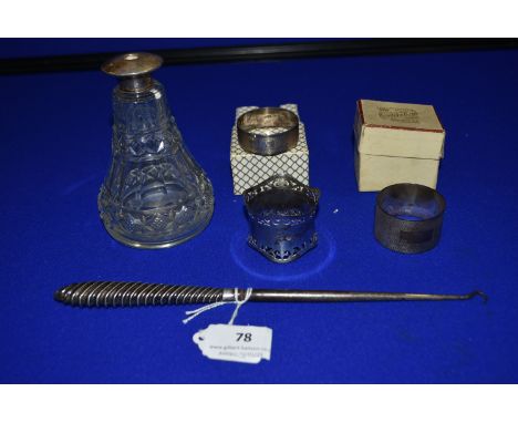 Three Hallmarked Sterling Silver Napkin Rings, Button Hook, and a Scent Bottle