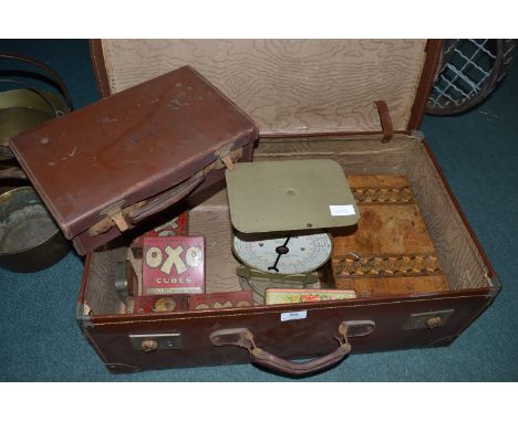 Vintage Travel Case Containing Postal Scales, Work Box, Old Tins, etc.