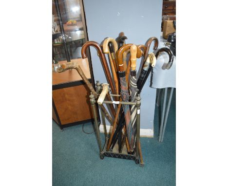 Brass Stick Stand Containing Walking Stick and Umbrellas