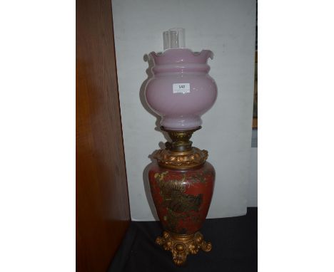 Victorian Oil Lamp with Eastern Style Base and Pink Glass Shade